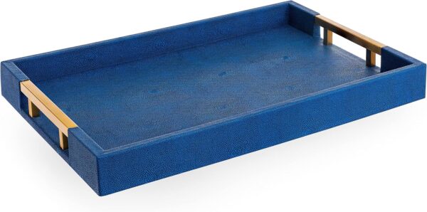 Modern Elegant 18”x12” Rectangle Navy Blue Rectangle Shagreen Decorative Ottoman Coffee Table Perfume Living Room Kitchen Serving Tray with Brass Gold Metal Handles for All Occasion's