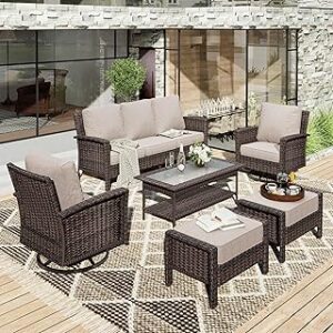 HERA'S HOUSE 6-Piece Wicker Patio Furniture Sets, High Back Swivel Chair with 5.5" Thick Cushions, Oversized Outdoor Sectional Conversation Set for Garden Poolside Backyard, Beige