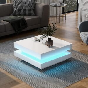 LED Coffee Table for Living Room, 2-Tier Square Center Table, High Gloss Coffee Table with 7-Color Plug-in LED Light, Cocktail Table for Party Home Office Reception, Remote Control, White