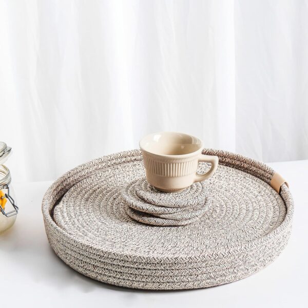 Art PineCone's Woven Cotton Rope Round Placemats Set of 4 with Holder Included, Non-Slip, and Heat Resistant for Your Perfect Table Decor! (Brown Mixed, 13 inch Plus Coaster)