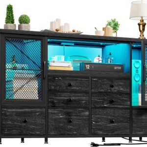 EnHomee Dresser for Bedroom with Power Outlets & LED Lights,Black Dresser for Bedroom with 8 Drawers& 2 Large Cabinet,Mesh Metal Door,60'' TV Stand Bedroom Dresser, Long Dressers & Chest of Drawers