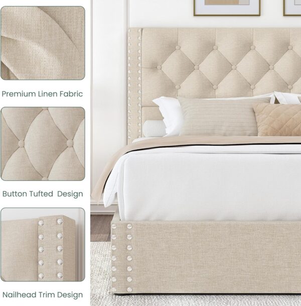 Queen Size Bed Frame with Storage and Tufted Headboard Linen Upholstered Platform Bed Frame with 4 Drawers, Wood Slats Support, Easy Assembly, Noise-Free, Beige - Image 5