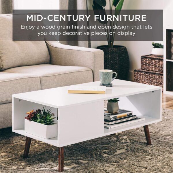 Best Choice Products Wooden Mid-Century Modern Coffee Table, Accent Furniture for Living Room, Indoor, Home Décor w/Open Storage Shelf, Wood Grain Finish - White/Brown - Image 4