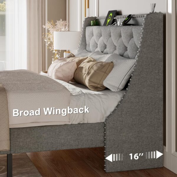 Feonase Queen Bed Frame with Luxury Wingback Upholstered Button Tufted Storage Headboard, Queen Platform Bed with Charging Station, Sturdy Wooden Slats Support, Noise-Free, Easy Assembly, Light Gray - Image 4