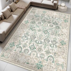 Vamcheer Area Rugs for Living Room - 6’x9’ Washable Area Rug for Bedroom Dining Room Kitchen Indoor Rugs, Soft Machine Washable Vintage Carpet, Beige Green