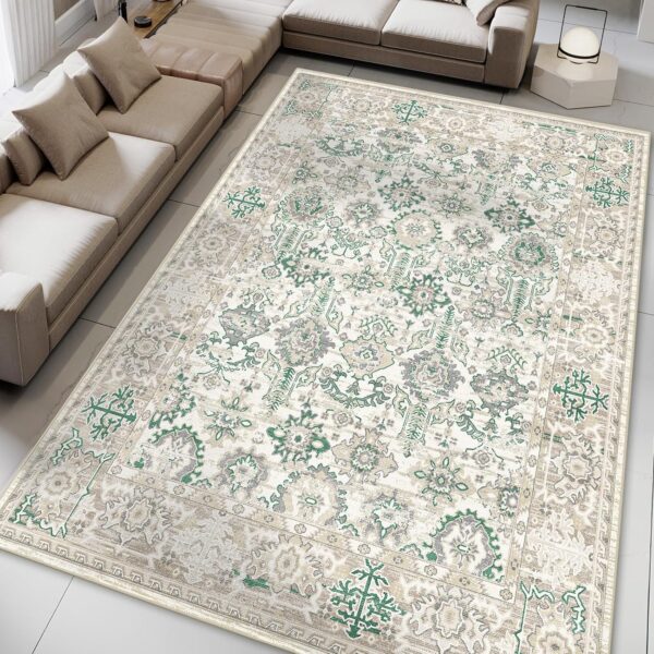 Vamcheer Area Rugs for Living Room - 6’x9’ Washable Area Rug for Bedroom Dining Room Kitchen Indoor Rugs, Soft Machine Washable Vintage Carpet, Beige Green