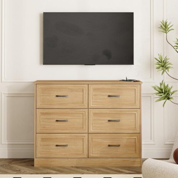 Fameill Dresser for Bedroom, 6 Drawer Wide Dresser Organizer with Charging Station, Tall Dresser for Hallway, Wood Dresser with Metal Handles, Oak - Image 7