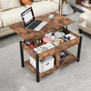 Industrial Lift Top Coffee Table with Hidden Storage Compartment & Storage Shelf, Dining Center Table for Living Room Reception Room, Rustic Brown and Black, Easy Assembly
