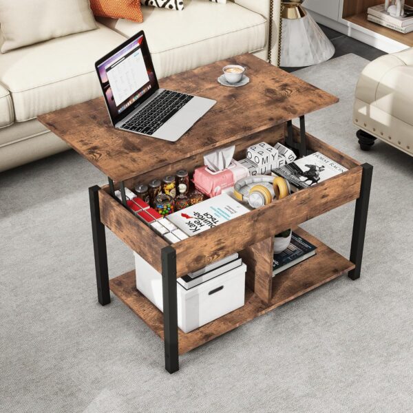 Industrial Lift Top Coffee Table with Hidden Storage Compartment & Storage Shelf, Dining Center Table for Living Room Reception Room, Rustic Brown and Black, Easy Assembly