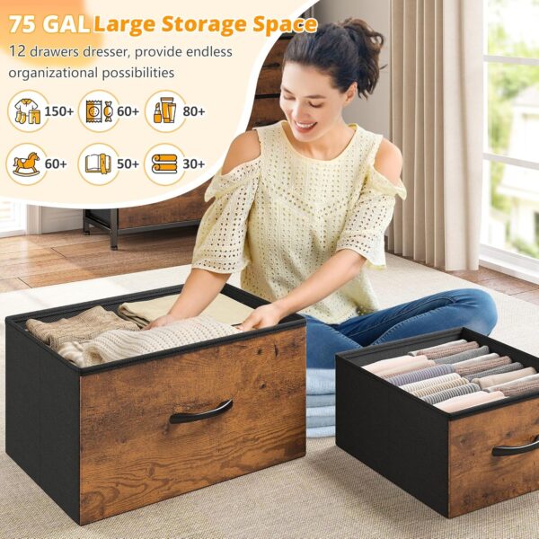 EnHomee Dresser for Bedroom with LED Lights, 12 Drawers Bedroom Dresser, Dresser and Tall Dresser with Open Shelves, Fabric Dressers & Chests of Drawers with Sturdy Metal Frame, Rustic Brown - Image 4