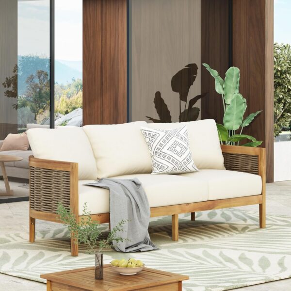 Merax Outdoor Acacia Wood Wicker 3 Seater Sofa, Patio Furniture Conversation Set for Backyard - Image 3