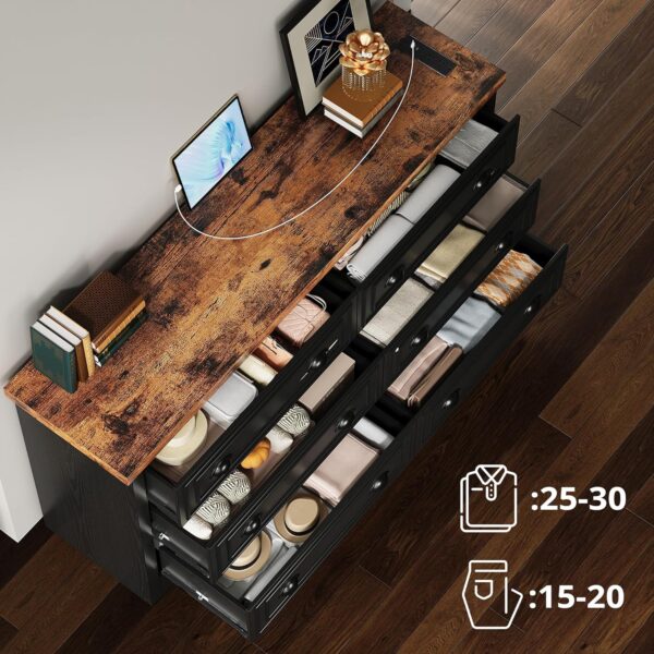 LIKIMIO 59" 6 Drawers Dresser for Bedroom, Power Strip, Farmhouse Large Wood Dressers & Chest of Drawers with Wide Storage Cabinet, Black - Image 3
