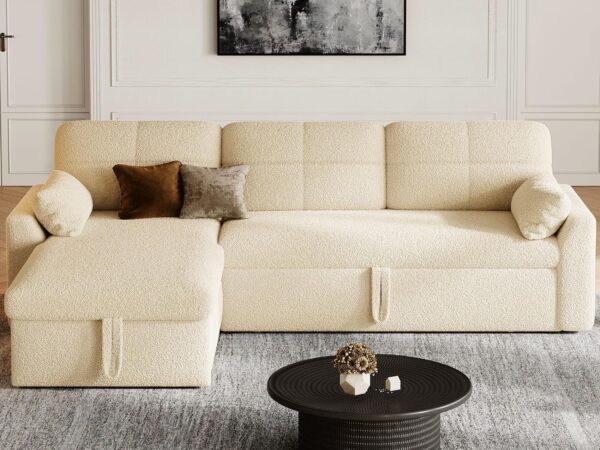 YITAHOME 86" Sleeper Sofa, 2 in 1 Convertible Sofa Bed with Pull Out Couch Bed and Storage Chaise, L-Shape Sectional Sofa for Living Room, Teddy Fleece, Beige - Image 7