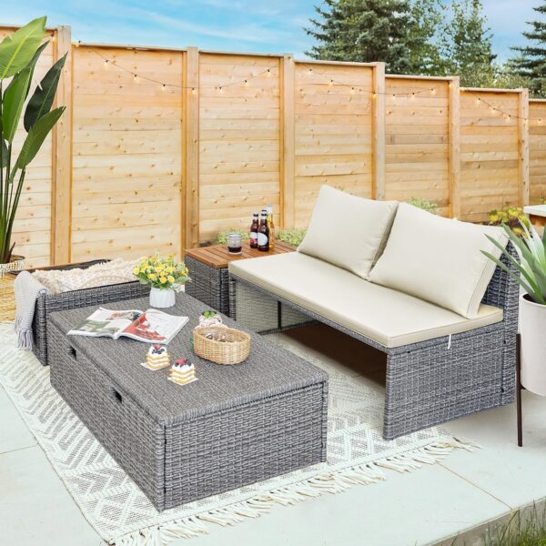 Devoko Outdoor Daybed Set Multifunctional Patio Day Bed Rattan Lounge Bed with 2 Side Tables for Backyard Porch Poolside Lawn Beach (Beige White) - Image 4