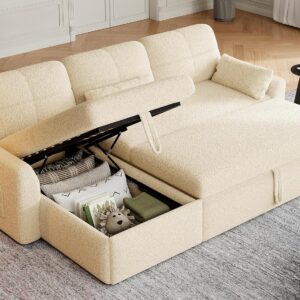 YITAHOME 86" Sleeper Sofa, 2 in 1 Convertible Sofa Bed with Pull Out Couch Bed and Storage Chaise, L-Shape Sectional Sofa for Living Room, Teddy Fleece, Beige
