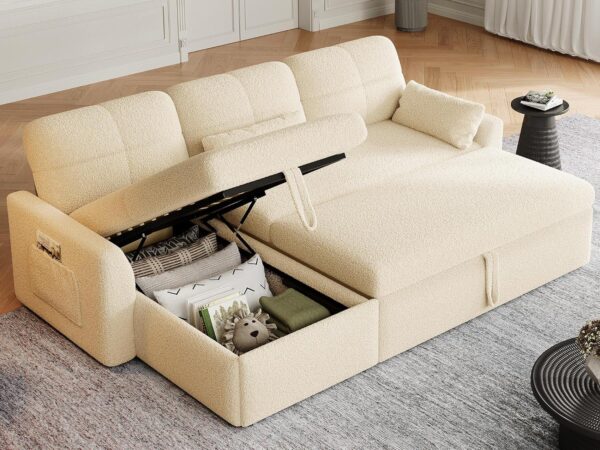 YITAHOME 86" Sleeper Sofa, 2 in 1 Convertible Sofa Bed with Pull Out Couch Bed and Storage Chaise, L-Shape Sectional Sofa for Living Room, Teddy Fleece, Beige