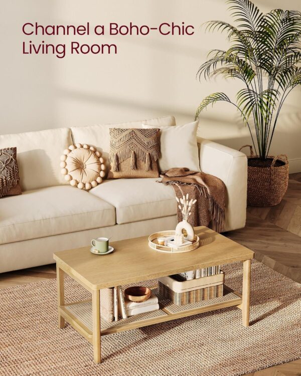 VASAGLE 2-Tier Coffee Table for Living Room, Living Room Table Rectangular Center Table, with PVC Rattan Storage Shelf, Rounded Corners, Easy Assembly, Boho Style, Oak Beige ULCT240Y57 - Image 5