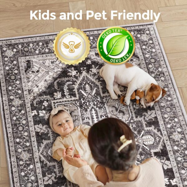Area Rugs 8x10 Machine Washable, Boho Rug for Living Room Bedroom, Ultra-Soft Non-Slip Stain Resistant Vintage Rugs for for Kitchen Dining Room Office Home Decor, Bitter Black - Image 6
