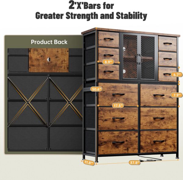 EnHomee Tall Dresser for Bedroom with Mesh Door 12 Drawer Dressers & Chests of Drawers for Closet with Power Outlets & LED Lights Large Dresser Organizer for Bedroom, Living Room,Rustic Brown - Image 4