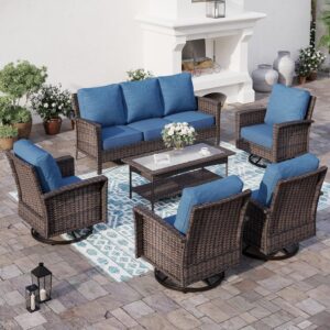 6 Pieces Patio Furniture Set with Swivel Chairs, High Back Outdoor Wicker Rattan Conversation Sets with Extra Thick Cushion,Toughened Glass Top Coffee Table