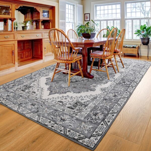 Noahas Grey 6x9 Area Rugs for Living Room, Vintage Machine Washable Rug,Low Pile Print Large Rug with Rubber Backing Non-Slip Carpet for Bedroom,Kitchen,Dining Room,Home Office,Home Decor - Image 3