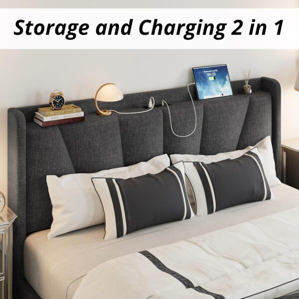 LIKIMIO Queen Bed Frame with Upholstered Headboard, Platform Bed with Storage Drawers and Outlets, Sturdy, Noiseless, No Box Spring Needed, Easy Assembly, Dark Gray - Image 4