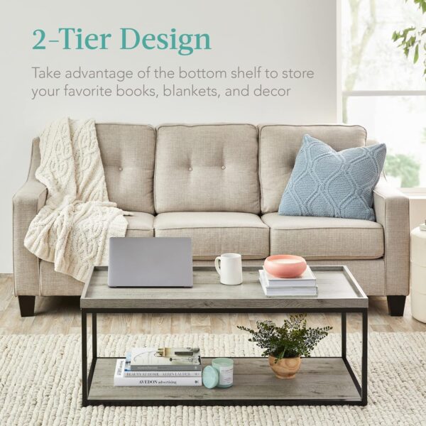 Best Choice Products 44in 2-Tier Rectangular Tray Top Coffee Table, Recessed Accent Furniture for Home w/Metal Frame, Shelf - Gray - Image 4