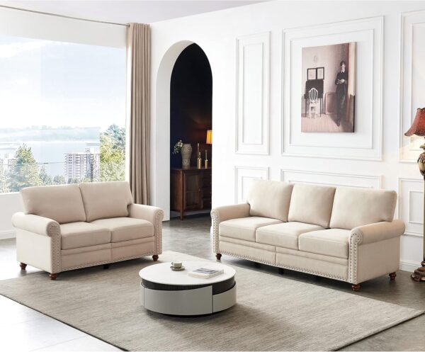 Harper & Bright Designs Classical Upholstred Sofa Set with Stoage, Nailhead Trim and Wood Legs, Living Room Beige Sofa Set with 3-Seat Couch and 2-Seat Loveseat - Image 3