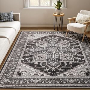 Area Rugs 8x10 Machine Washable, Boho Rug for Living Room Bedroom, Ultra-Soft Non-Slip Stain Resistant Vintage Rugs for for Kitchen Dining Room Office Home Decor, Bitter Black