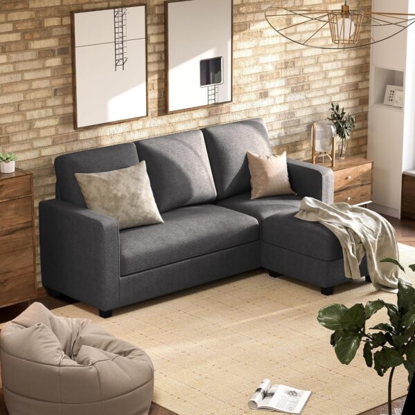 JUMMICO Convertible Sectional Sofa Couch, Fabric L-Shaped Sofa with 3 Seats, Removable Ottoman, Small Sofa for Small Apartments, Living Rooms and Offices (Deep Grey) - Image 6