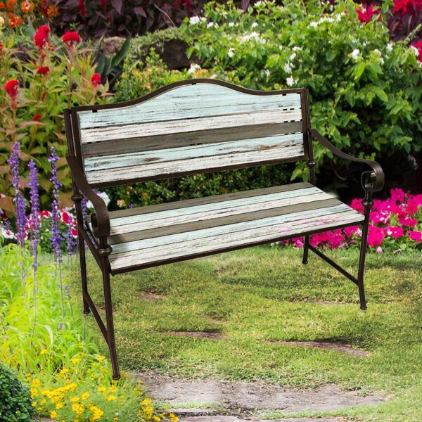 BACKYARD EXPRESSIONS PATIO · HOME · GARDEN 914811 45 Inch Patio, Garden, Porch Bench, Cast Iron Love Seat, Cream, Grey, Teal - Image 2