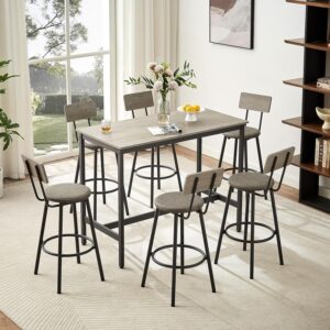Elevon Long Bar Table Set with 6 PU Leather Bar Stools, Dining Table and Chair Sets, Industrial Tall Coffee Table and Back Chair for Kitchen, Living Room, Party Room, Small Space, Pub, Rustic Gray