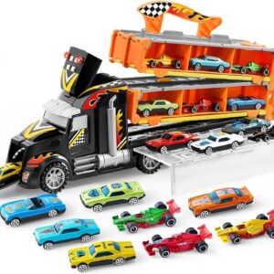 JOYIN Toy Truck for Kids,5-FT Race Track and 12 Die-Cast Metal Toy Cars, Racing Car with Lights & Sounds, Carrier Truck Toy Gift for 2 3 4 5 Years Old Boys and Girls