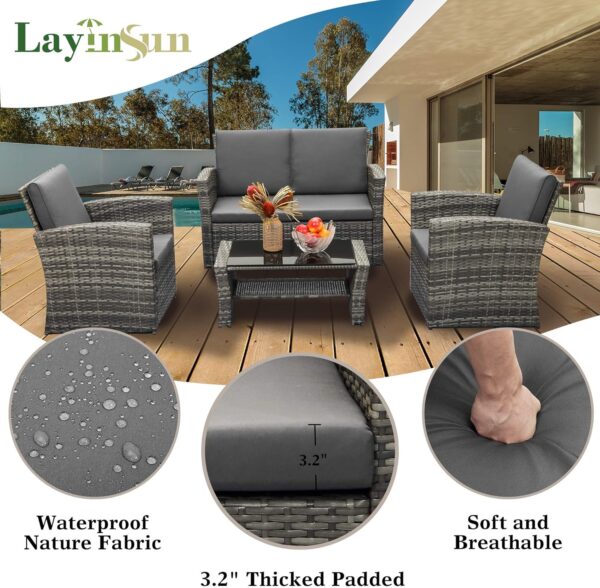 LayinSun 4 Piece Outdoor Patio Furniture Sets, Wicker Conversation Sets, Rattan Sofa Chair with Cushion for Backyard Lawn Garden (Grey) - Image 3