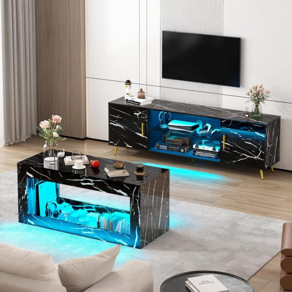 47inch Large High-Glossy LED Coffee Table, Living Room Storage Tables with Large Display Storage, Modern Stylish Center Rectangle Tables with Marbling Print and LED Lights, Black - Image 6