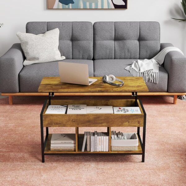 Gizoon Lift Top Coffee Table for Living Room, Small Farmhouse Rising Wooden Dining Center Tables with Storage Shelf and Hidden Compartment for Apartment Office Basement, Rustic Brown - Image 4