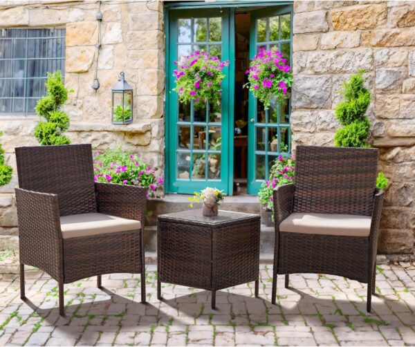 Flamaker Patio Furniture Set 3 Pieces All-Weather Rattan Outdoor Furniture Patio Chairs with Tempered Glass Table for Porch Bistro Balcony (Brown/Cream) - Image 4