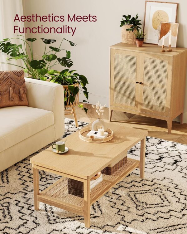 VASAGLE 2-Tier Coffee Table for Living Room, Living Room Table Rectangular Center Table, with PVC Rattan Storage Shelf, Rounded Corners, Easy Assembly, Boho Style, Oak Beige ULCT240Y57 - Image 4