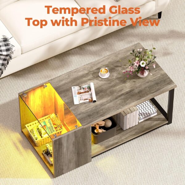 Small LED Coffee Tables for Living Room Center Coffee Table with Storage Tempered Glass Top 35.4 inch Modern Farmhouse Style, Easy Assemble, Grey Wash - Image 5
