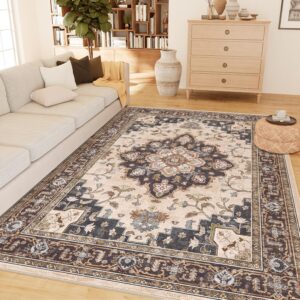 Machine Washable 5x7 Area Rugs for Living Room Vintage Rugs Carpet Rugs Non Slip Low Pile Water Repellent Soft Distressed for Bedroom Indoor Decor Polyester Rug Coffeebeige