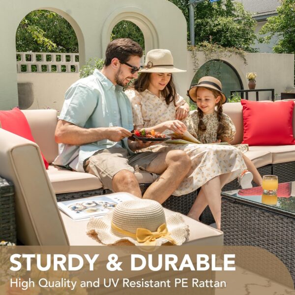 Devoko Patio Furniture Sets 6 Pieces Outdoor Sectional Rattan Sofa Manual Weaving Wicker Patio Conversation Set with Glass Table and Cushion (Beige) - Image 5