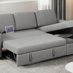 Yaheetech Sectional Sofa L-Shaped Sofa Couch Bed w/Chaise & USB, Reversible Couch Sleeper w/Pull Out Bed & Storage Space, 4-seat Fabric Convertible Sofa, Pull Out Couch Light Gray