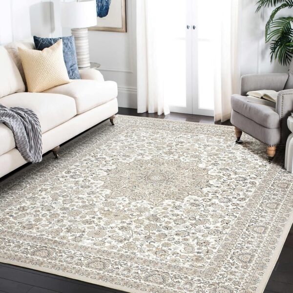 Area Rug Living Room Rugs: 5x7 Large Machine Washable Non Slip Thin Carpet Soft Indoor Luxury Floral Stain Resistant Carpets for Under Dining Table Farmhouse Bedroom Nursery Home Office Beige - Image 3