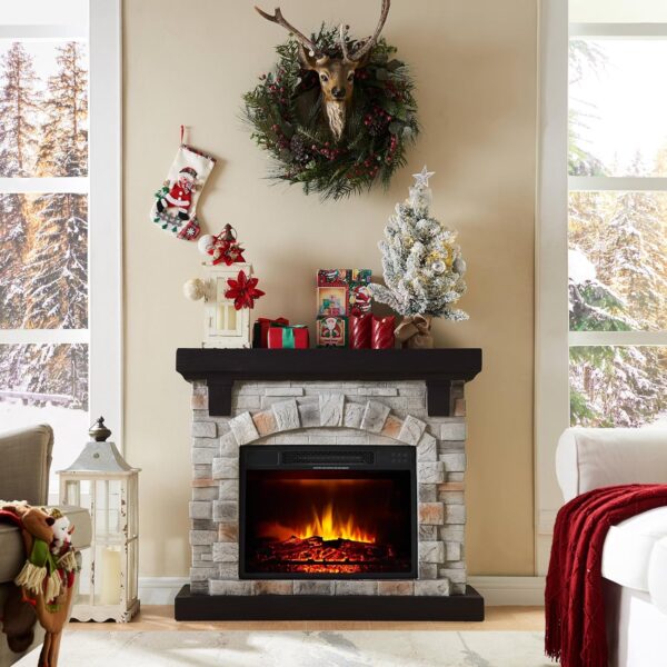 Electric Fireplace with Mantel, 40”W Faux-Stone Fireplace Mantel，Tall Fire Place Heater Freestanding with LED Flame for Living Room Bedroom, 40”Wx12”Dx35”H, Gray - Image 2