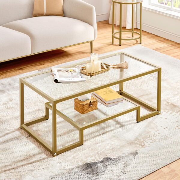 Yaheetech Gold Coffee Table, 42" Rectangular Glass Coffee Table for Living Room, 2-Tier Center Tea Table with Metal Frame for Small Space, Apartment, Office - Image 4