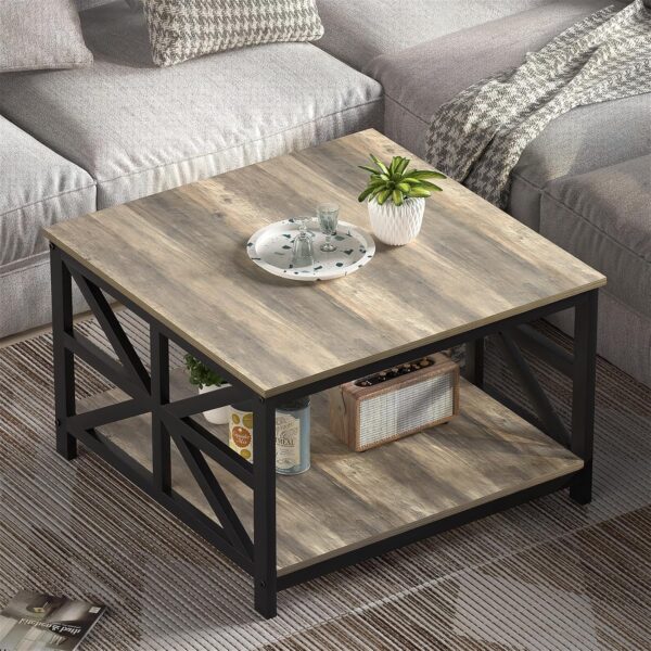 GreenForest Coffee Table with Storage, 27.6 inch Square Coffee Table, Seamless One-Piece Tabletop Design, Small Coffee Tables for Living Room, Farmhouse Sofa Table, Rustic Center Table, Grey Wash - Image 2