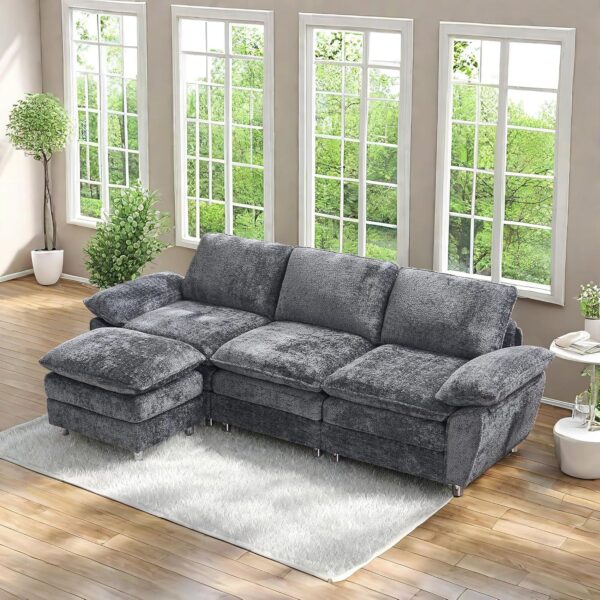 101.6" Small Modular sectional Sofa,Living Room Comfort Cloud Couch sectional, Modern Dark 3-Seater Cloud Sofa，Modular Sofa with Ottoman，Comfortable upholstered Furniture. for Apartment Office(Gray)