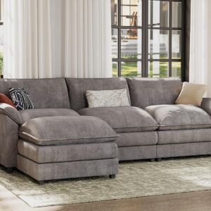 JUMMICO 119” Modular Sectional Sofa Couch, Modern Wide Arm L Shaped Couch with Deep Seat and Reversible Ottoman, Chenille Fabric Sleeper Sofa Couches for Living Room, Apartment (Gray, 4-Seat)