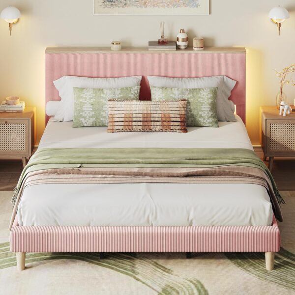 Bestier King Size Corduroy Upholstered Bed Frame with Adjustable Vertical Channel Tufted Headboard, LED Platform Bed Frame with Storage Shelf, Solid Wood Slats, No Box Spring Needed, No Squeaks(Pink)