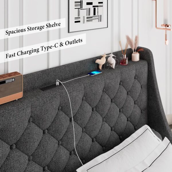 iPormis Full Size Bed Frame with 4 Storage Drawers, Upholstered Platform Bed Frame with Type-C & USB Ports, Wingback Storage Headboard, Solid Wood Slats, No Box Spring Needed, Dark Gray - Image 5